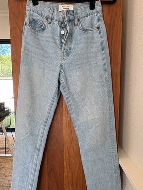 Reformation Jeans Light Wash High Rise Straight Leg Button Fly Raw Hem Size 23